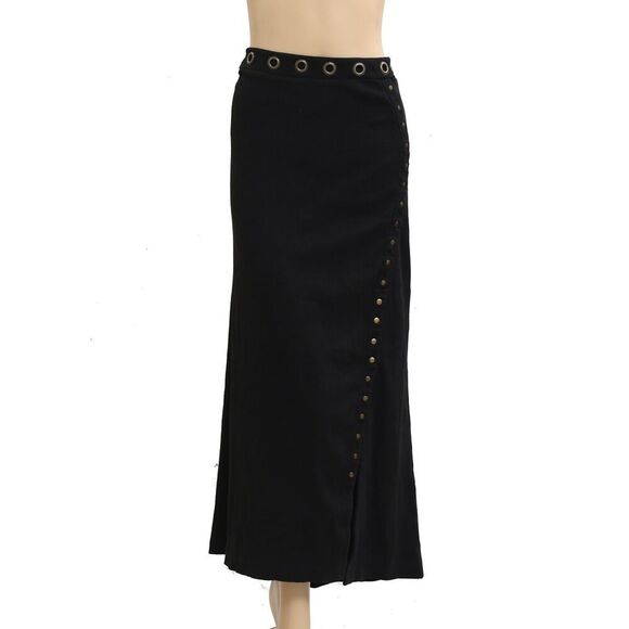 By Anthropologie Hardware Side-Slit Column Midi Skirt Studded Black SP 284254 - Picture 8 of 12